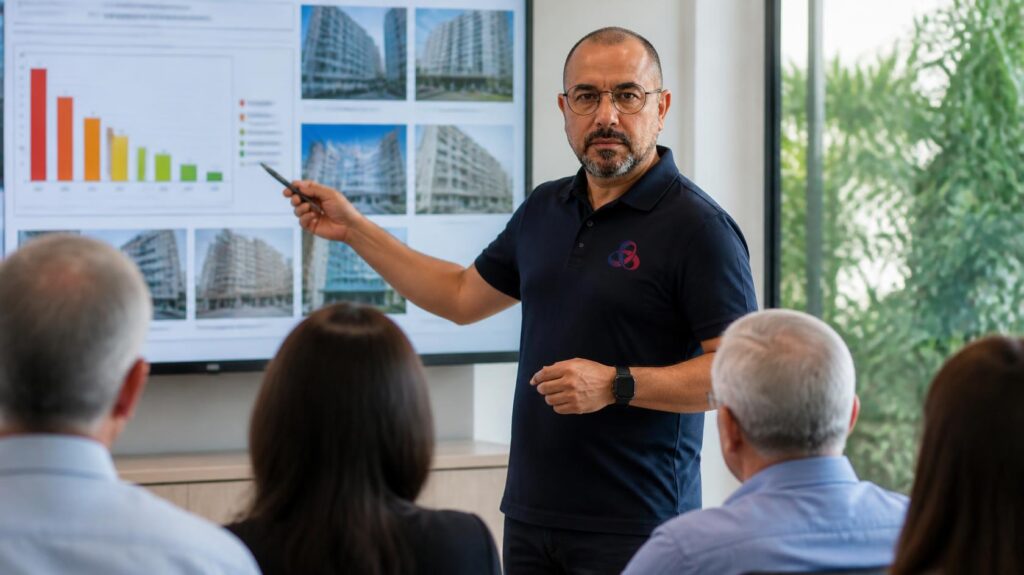 Engenheiro apresentando o laudo de inspeção predial aos condôminos em assembleia (imagem ilustrativa)